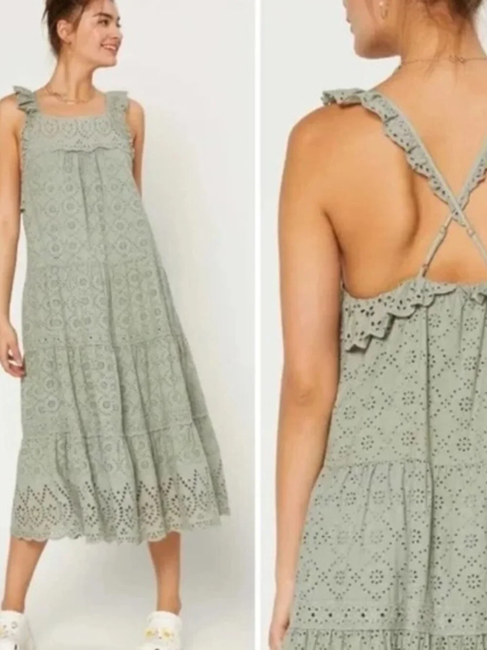 Current Air Sage Green Tiered Eyelet Midi Dress XS Anthropologie - Picture 2 of 9